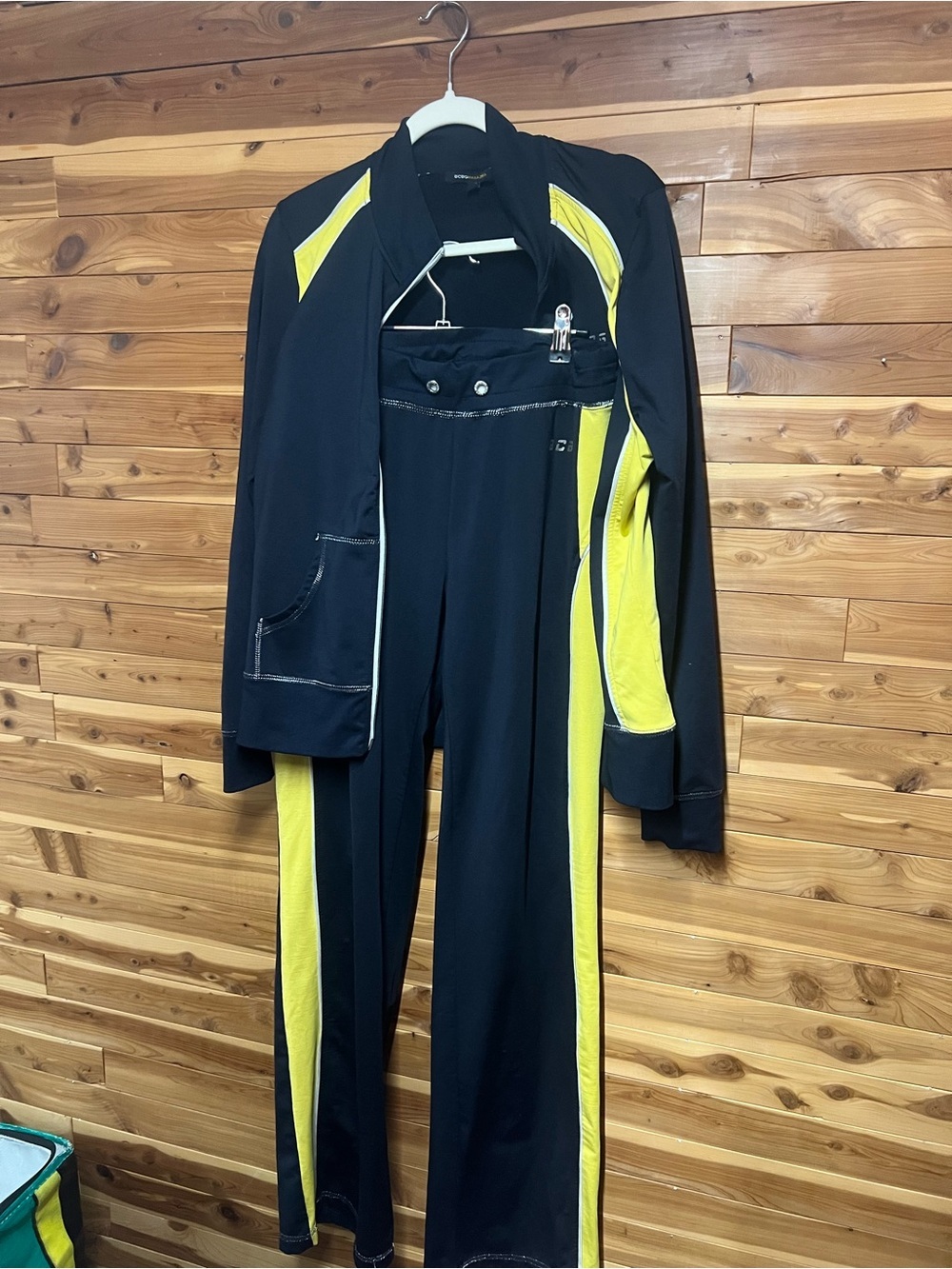BCBG Max Azria Tracksuit Set Black Yellow Striped Zip Jacket Pants Womens XL